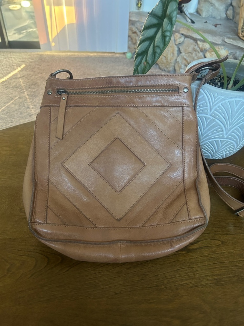 Lucky Brand Leather Crossbody Bag with Geometric Stitching